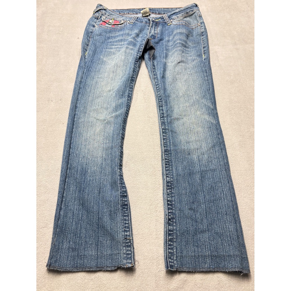VTG True Religion Joey Flare Jeans Blue Pink Horseshoe Painted Pockets Size 29